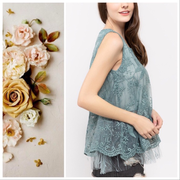 POL Tiffany Blue Sage Tulle Tunic Top - Picture 5 of 9